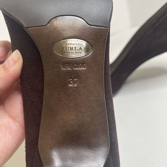 Furla Made In Italy Brown Suede Kitten Heels Size 37 - Picture 8 of 12